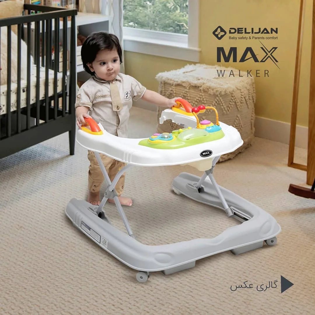 روروئک کودک مدل مکس دلیجان، رنگ سفید، خاکستری و سبز، جنس پلاستیک و فلز، چهار چرخ، دسته‌دار