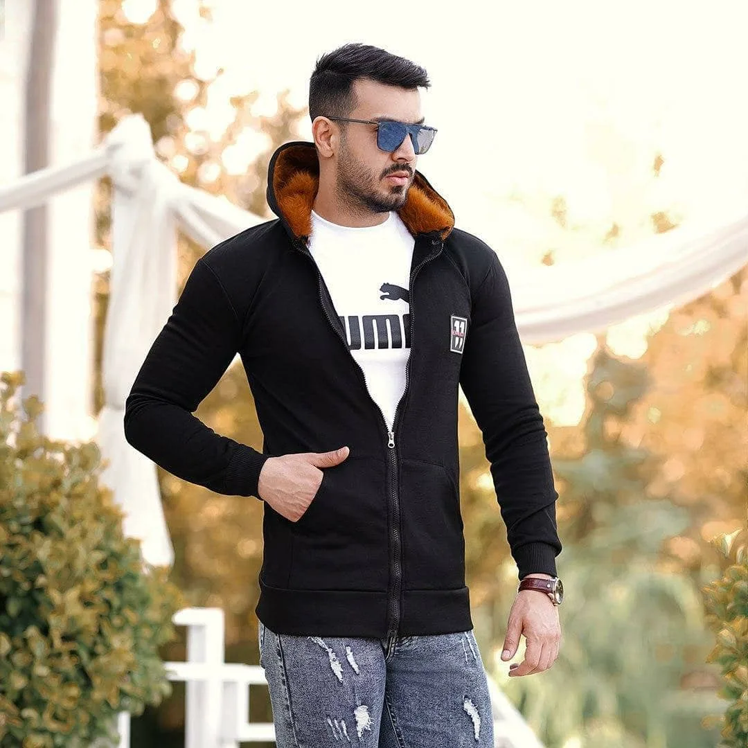 سویشرت مردانه، رنگ مشکی و قهوه‌ای، آستین بلند، کلاه‌دار، زیپ‌دار