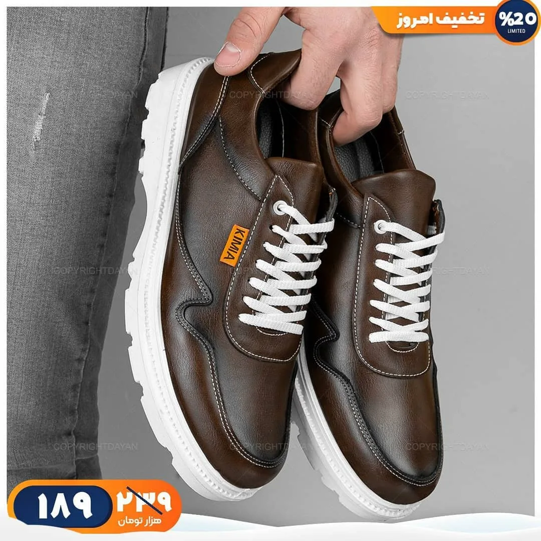 کفش چرمی مردانه، رنگ قهوه‌ای و سفید، بنددار، پاشنه تخت