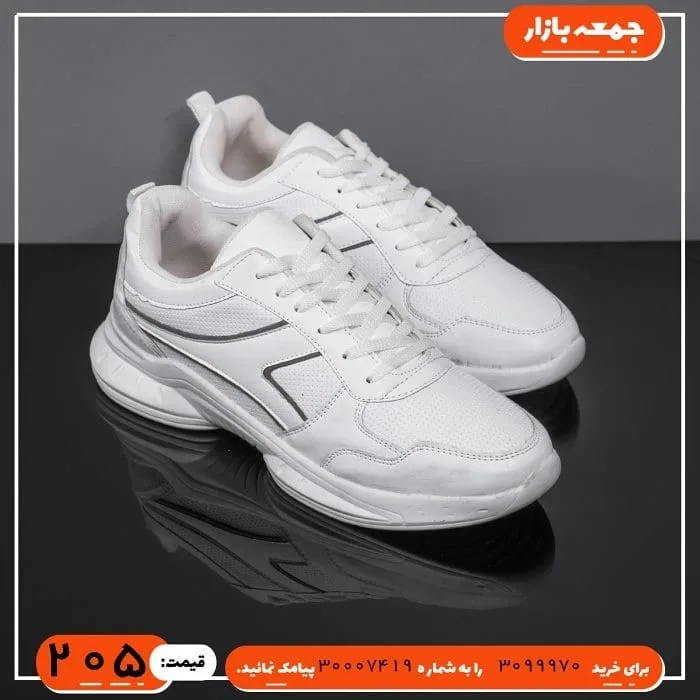 کفش ورزشی، رنگ سفید، جنس چرم مصنوعی، کتانی، بنددار، کفی تخت