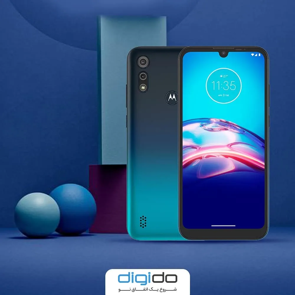گوشی موتورولا Moto E6s، رنگ آبی و سبز، جنس شیشه و فلز، لمسی، صفحه نمایش بزرگ