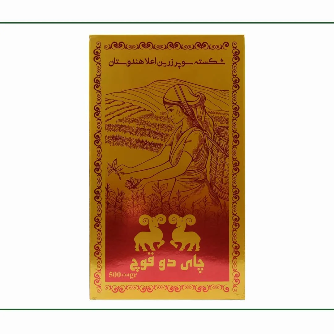چای سیاه دوقوچ، رنگ قرمز و طلایی، جنس مقوا، جعبه مستطیلی