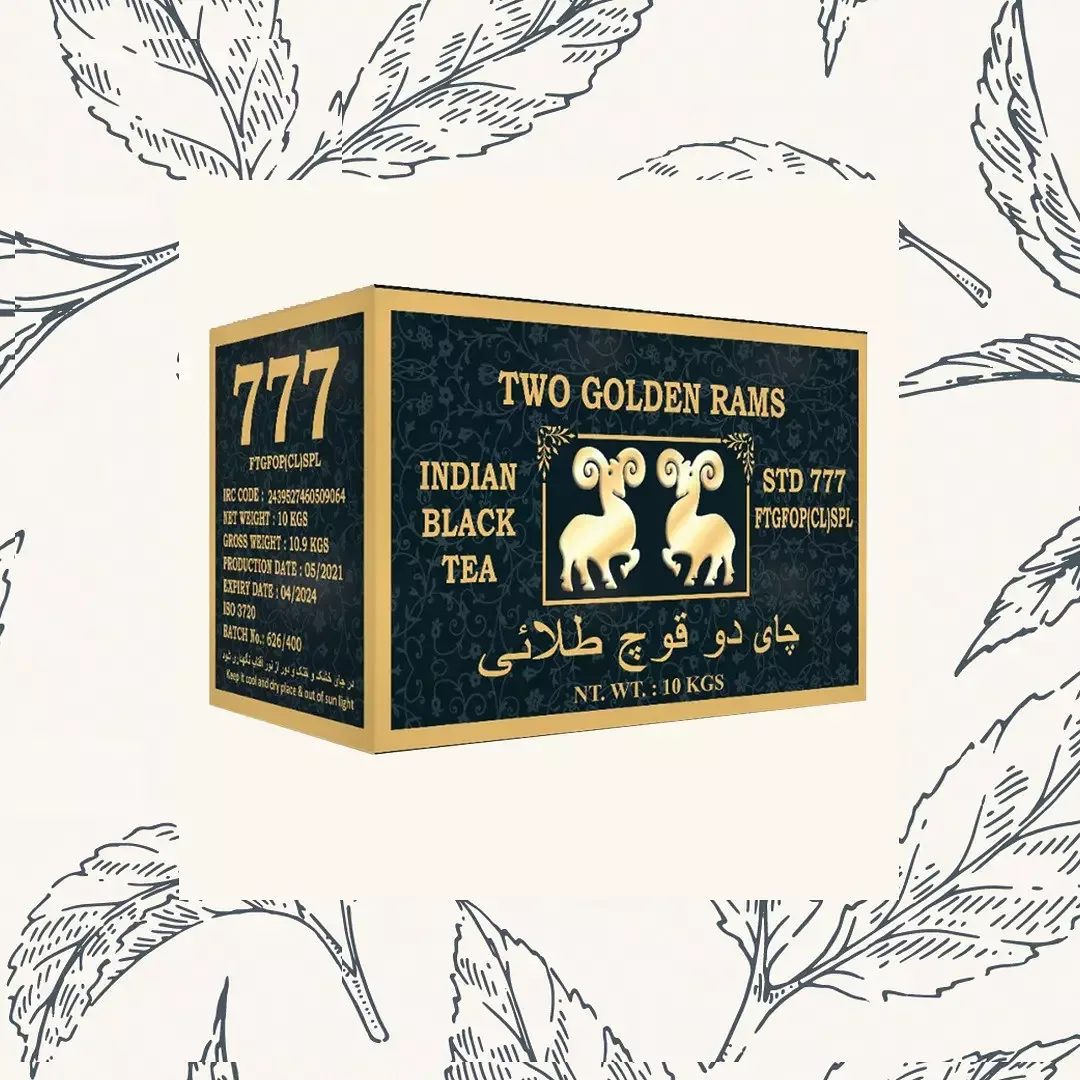 چای سیاه دوقوچ طلایی، رنگ سرمه‌ای، جنس مقوا، طرح گلدار، مکعب مستطیل