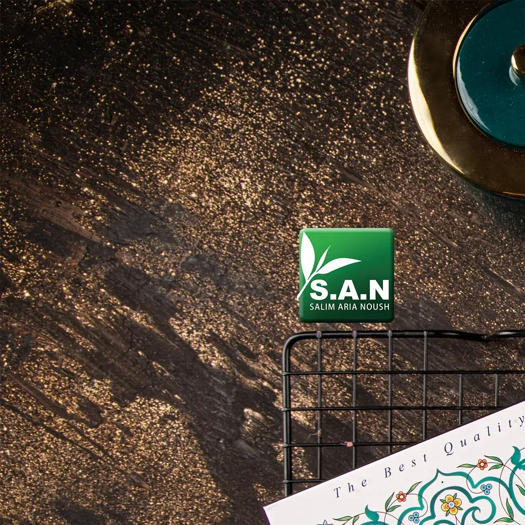قوطی چای، رنگ قهوه‌ای، طلایی و سبز