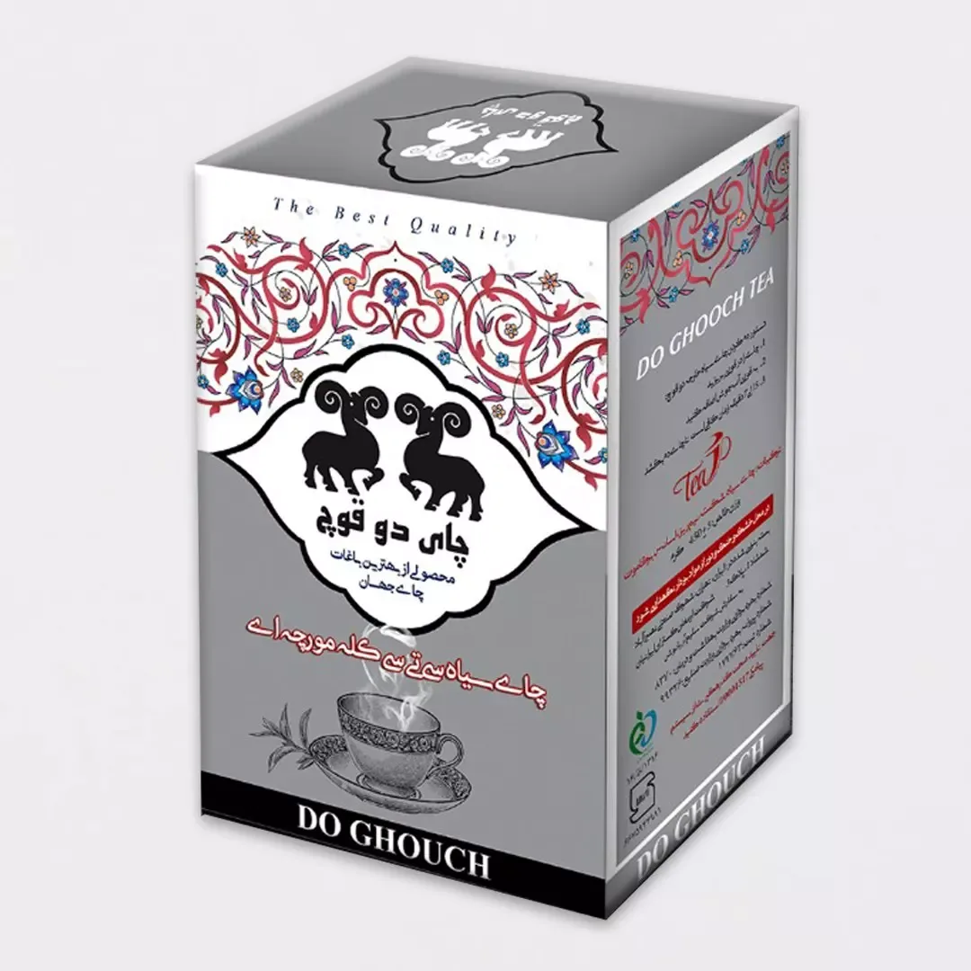 چای سی‌تی‌سی دو قوچ، رنگ خاکستری، سفید و قرمز، جنس مقوا، طرح طرح و نقش، مکعبی مستطیل