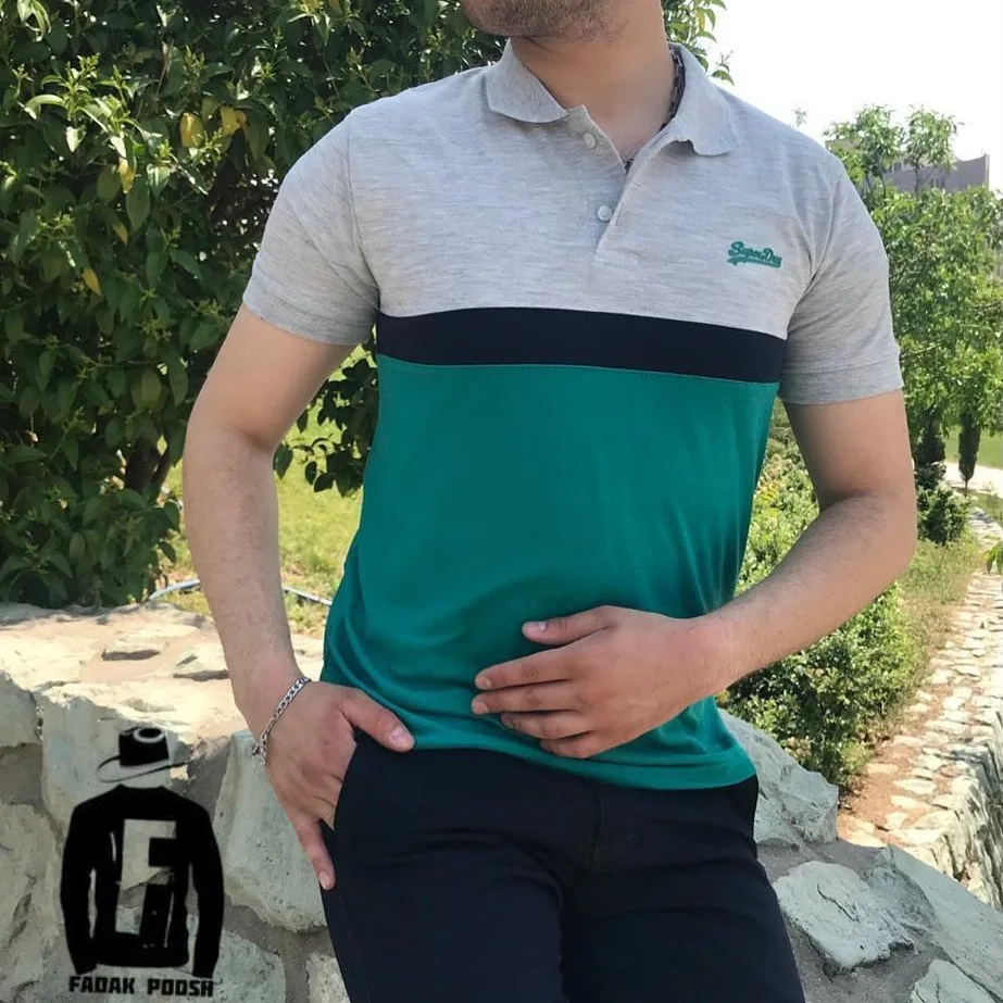 تیشرت یقه‌دار جودون، رنگ سبز، خاکستری و مشکی، آستین کوتاه، جذب