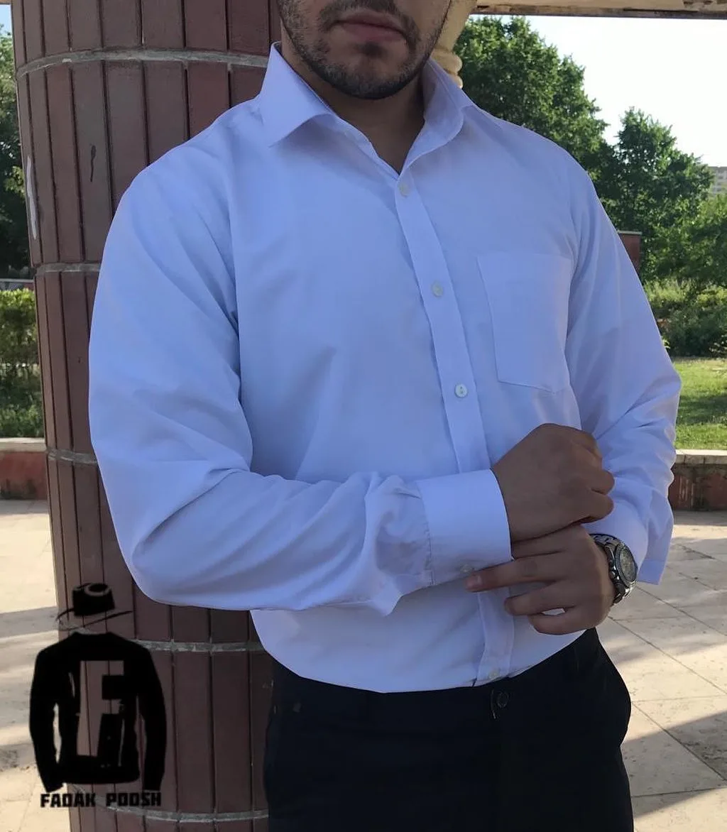 پیراهن تترون نخی تک‌جیب، رنگ سفید، جنس کتان، بلند، یقه مردانه، آستین بلند، جذب