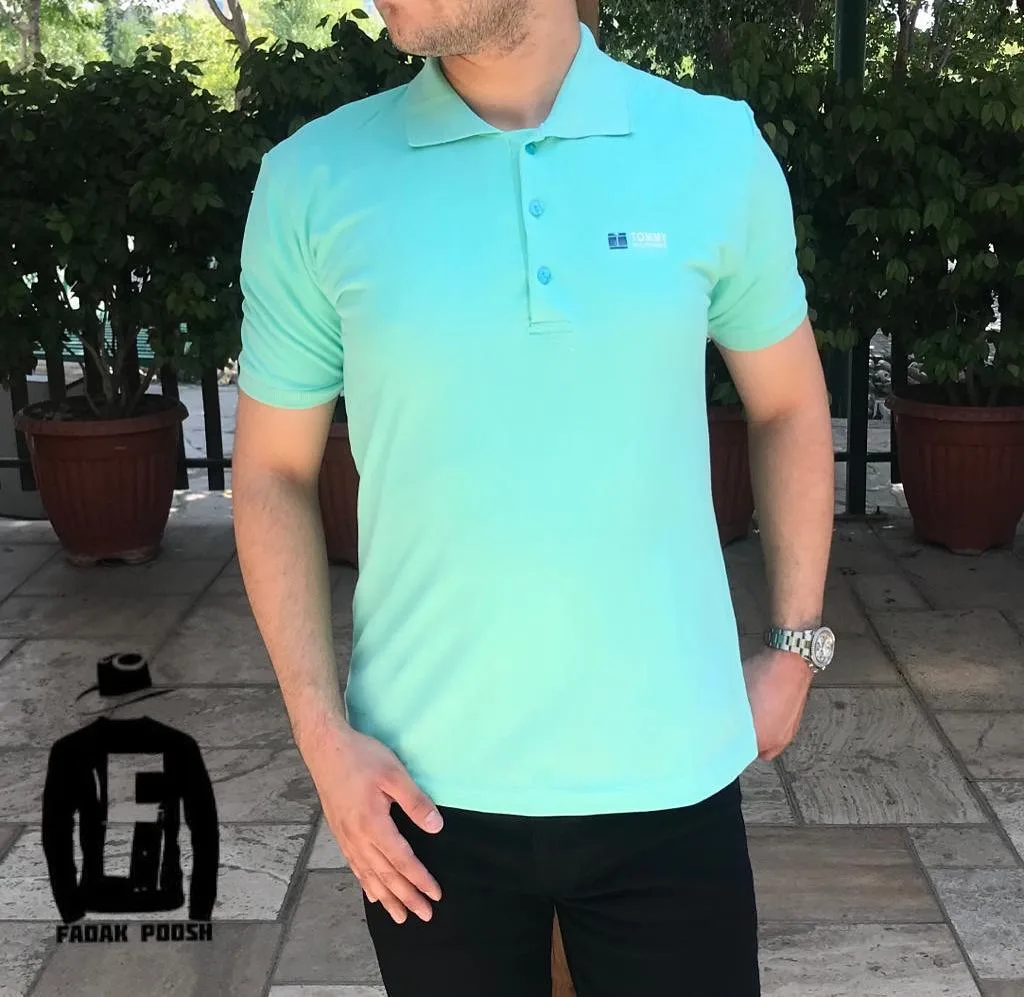 تیشرت نخ پنبه جودون، رنگ سبز آبی، آستین کوتاه، یقه دار