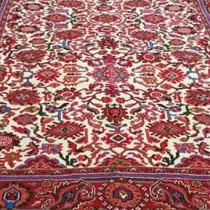 فرش ۶ متری کسب نقشه چهارچنگ، رنگ سفید، قرمز و آبی، طرح گلدار، مستطیلی