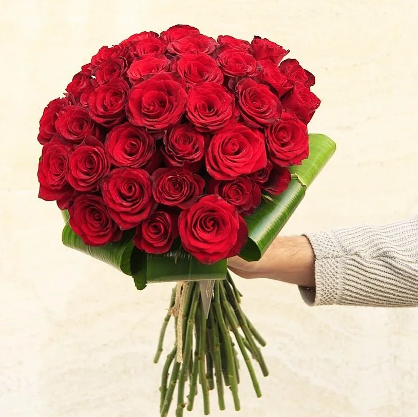 دسته گل ۴۰ شاخه رز هلندی، رنگ قرمز و سبز، زنانه