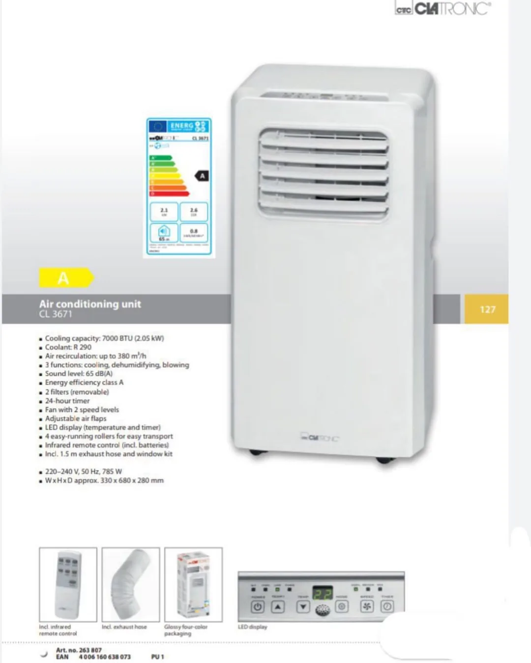 کولر گازی پرتابل کلترونیک CL 3671 Clatronic، رنگ سفید، جنس پلاستیک، ایستاده چرخ‌دار
