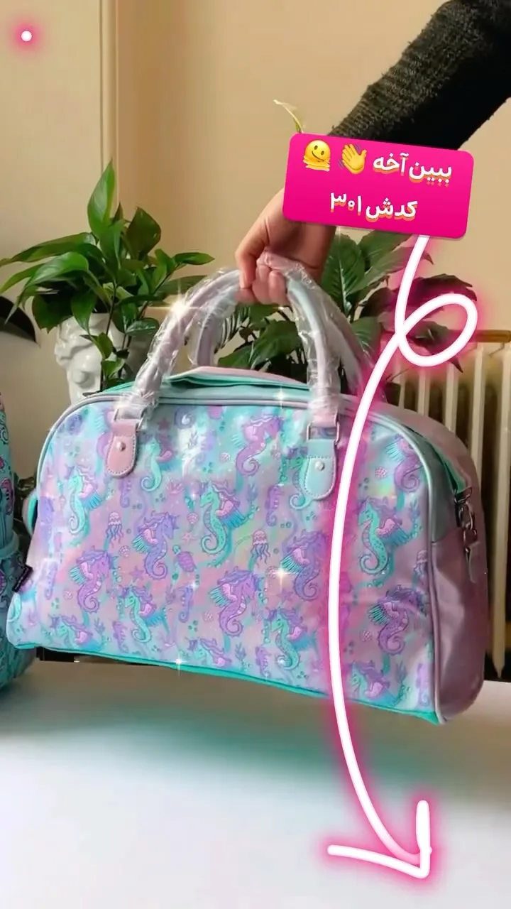 ساک مسافرتی کد ۳۰۱، رنگ آبی، بنفش و صورتی، طرح شخصیت کارتونی، دستی، استوانه‌ای