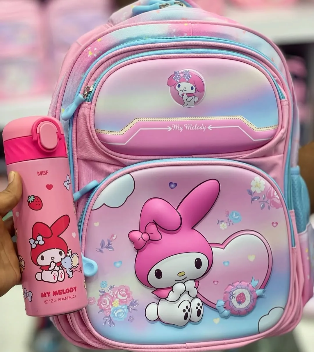 ست مدرسه مای ملودی Sanrio، رنگ صورتی و آبی، طرح شخصیت کارتونی، ست شامل کوله و قمقمه