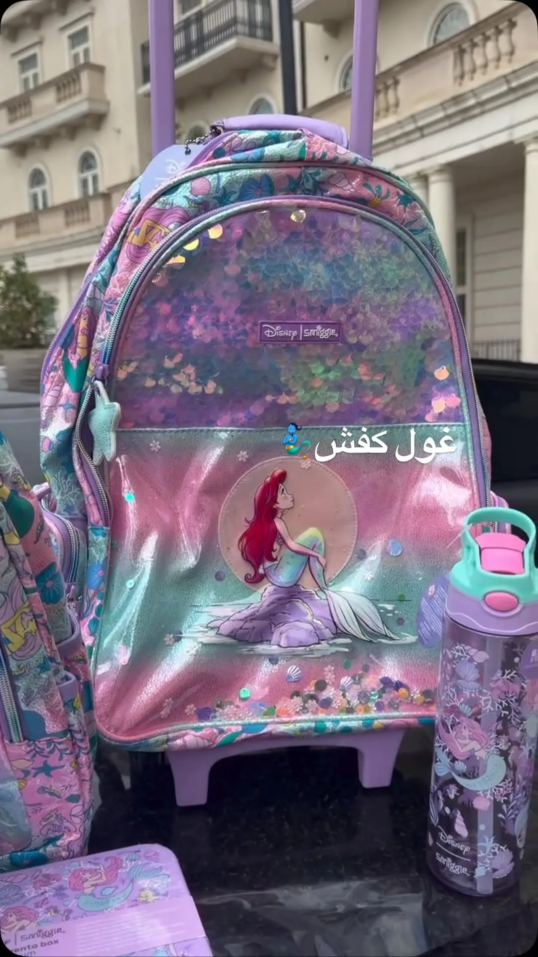 کوله پشتی بچگانه، رنگ صورتی، بنفش و آبی، جنس پلاستیک، طرح شخصیت کارتونی، کولهپشتی چرخدار