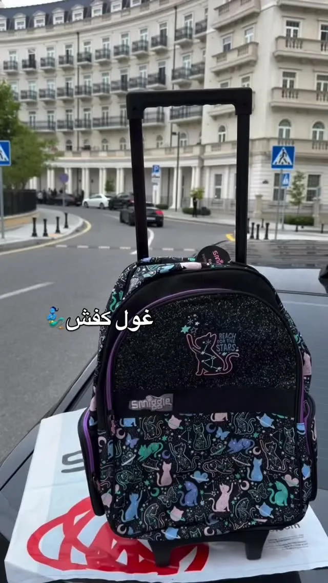 کوله پشتی چرخ دار دخترانه، رنگ مشکی، بنفش و آبی، طرح شخصیت کارتونی