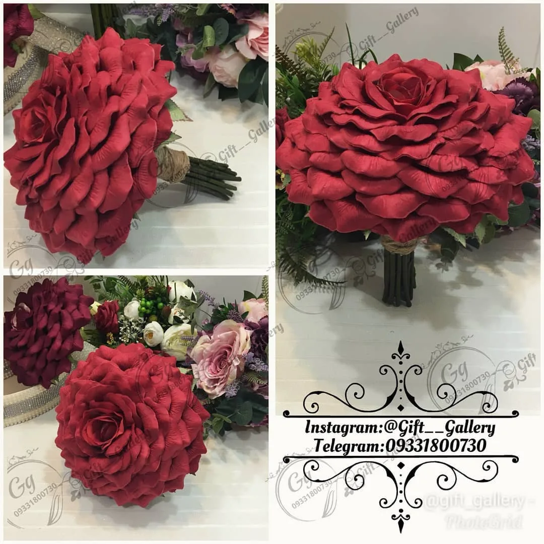 دسته گل رز، رنگ سرخابی و قرمز، جنس پارچه و چوب، گرد، گل رز بزرگ