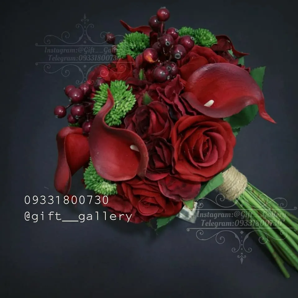 دسته گل مصنوعی، رنگ قرمز و سبز، جنس پارچه، دسته گل عروس