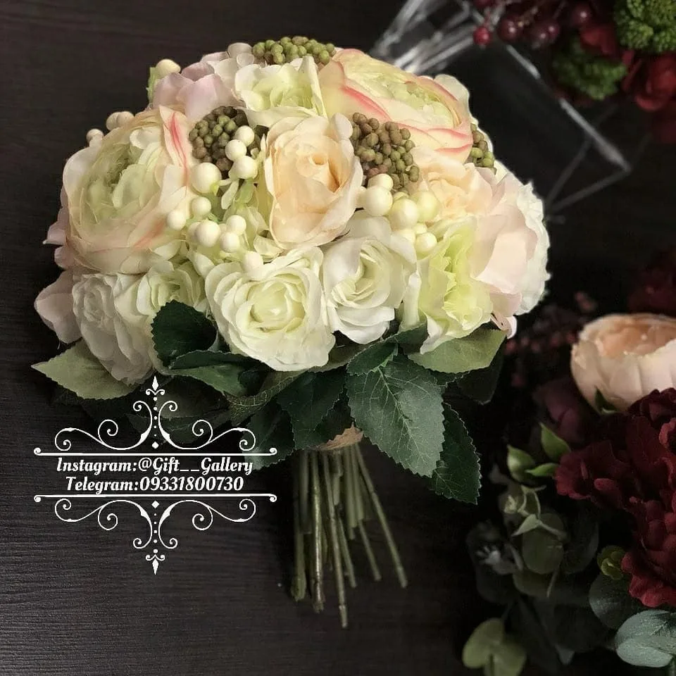 دسته گل مصنوعی، رنگ کرم و سبز، جنس پارچه، دسته گل عروس