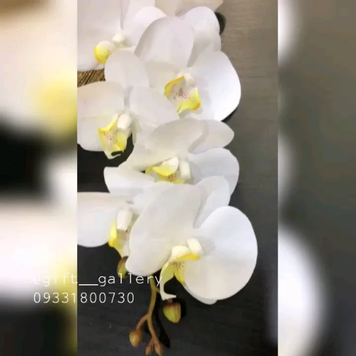 شاخه ۹ گل ارکیده مصنوعی بلند، رنگ سفید و سبز، جنس سرامیک و پلاستیک، گلدان گل مصنوعی رومیزی
