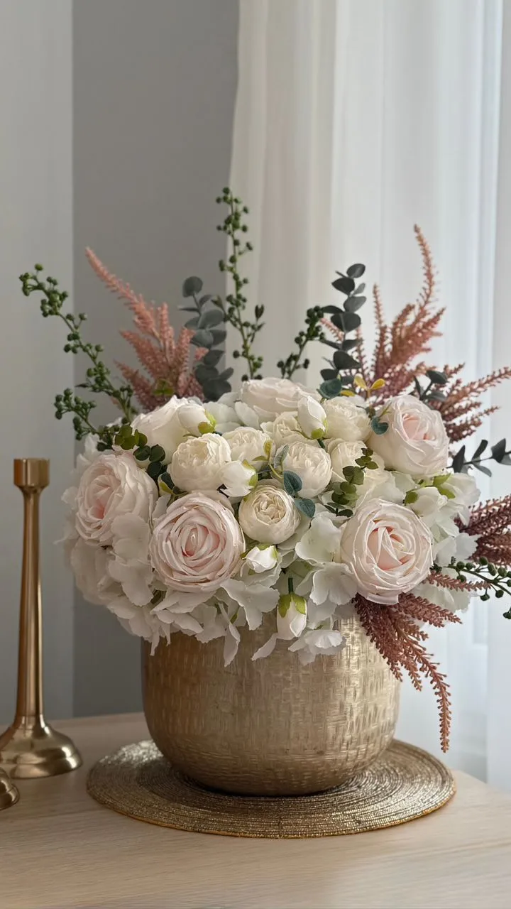 دسته گل رز ۷ گل پارچه‌ای، رنگ طلایی، جنس فلز، گرد و کوتاه