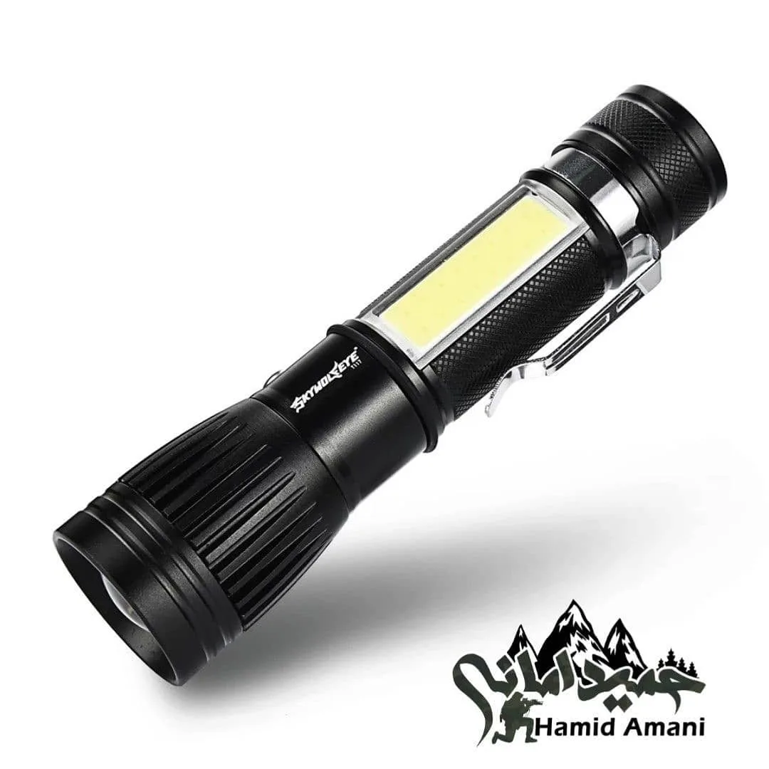 چراغ قوه شارژی T6، رنگ مشکی و سفید، جنس پلاستیک، استوانه‌ای، جیبی