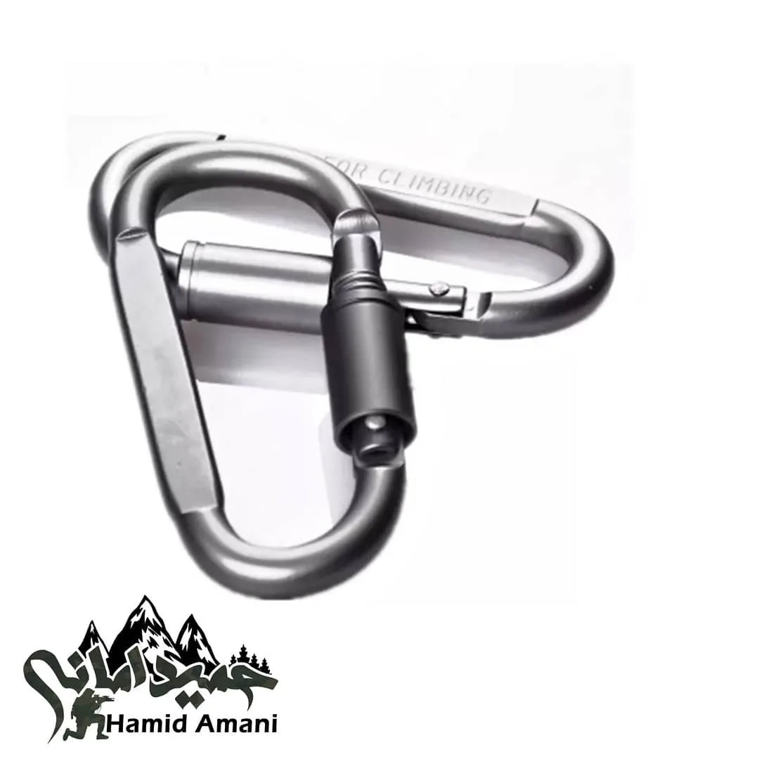 کارابین پیچی، رنگ خاکستری، جنس فلز، قلاب کوهنوردی