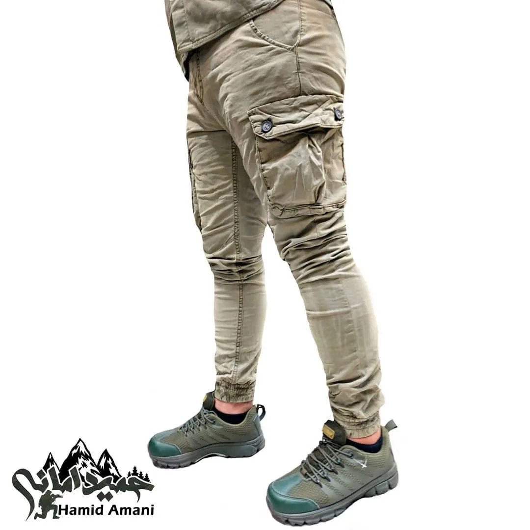 شلوار شش جیب دمپا کش Denim، رنگ سبز زیتونی، جنس کتان، شلوار کارگو جذب