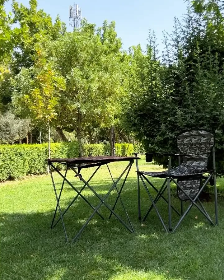 میز و صندلی مسافرتی پرستیژ، رنگ قهوه‌ای و سبز، جنس فلز و پارچه، تاشو مستطیلی