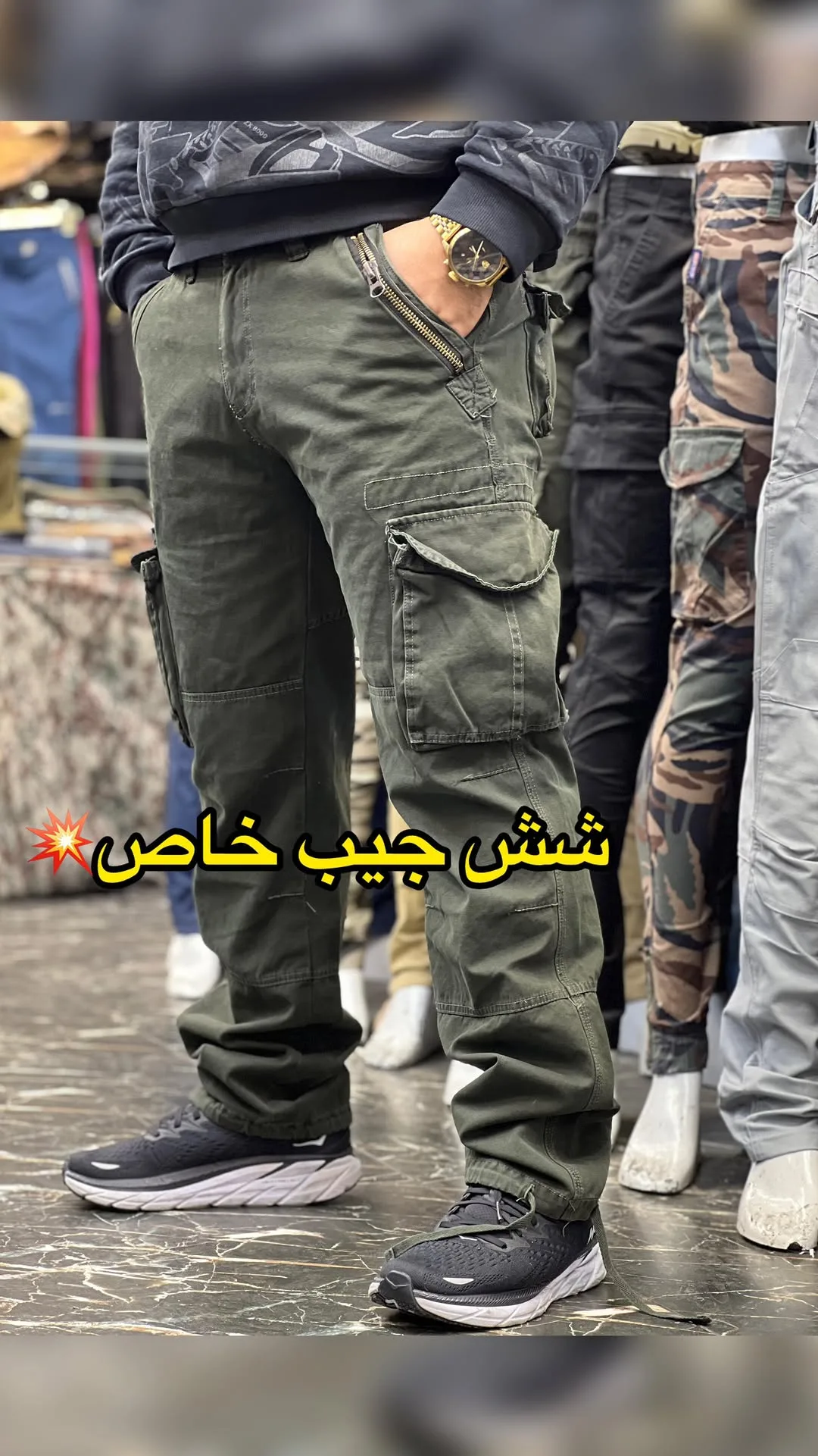 شلوار شش جیب raw، رنگ زیتونی، جنس کتان، شلوار ششجیب راسته