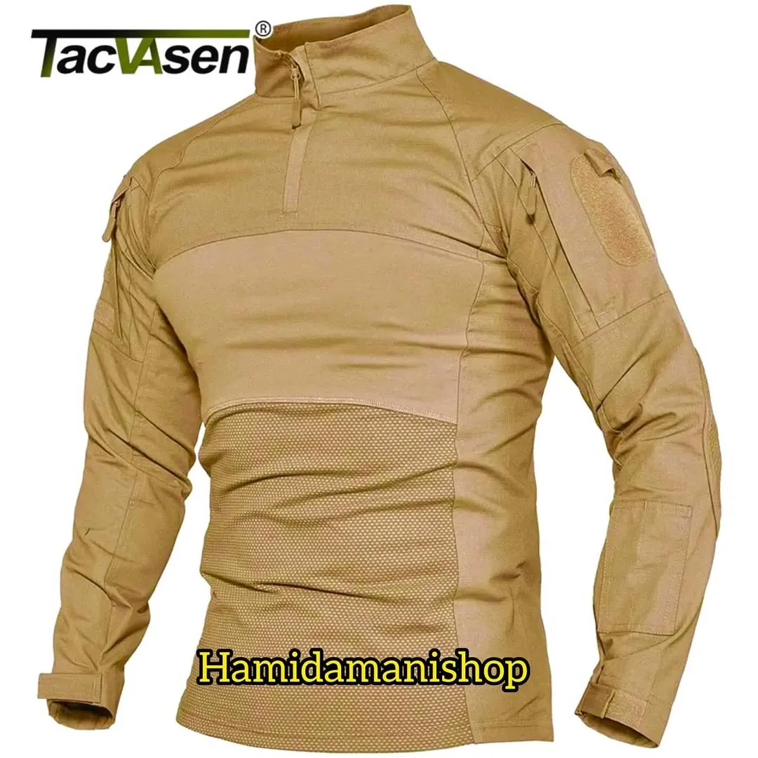 پیراهن تاکتیکال مردانه TacVasen، رنگ خاکی، جنس کتان و توری، یقه ایستاده آستین‌بلند