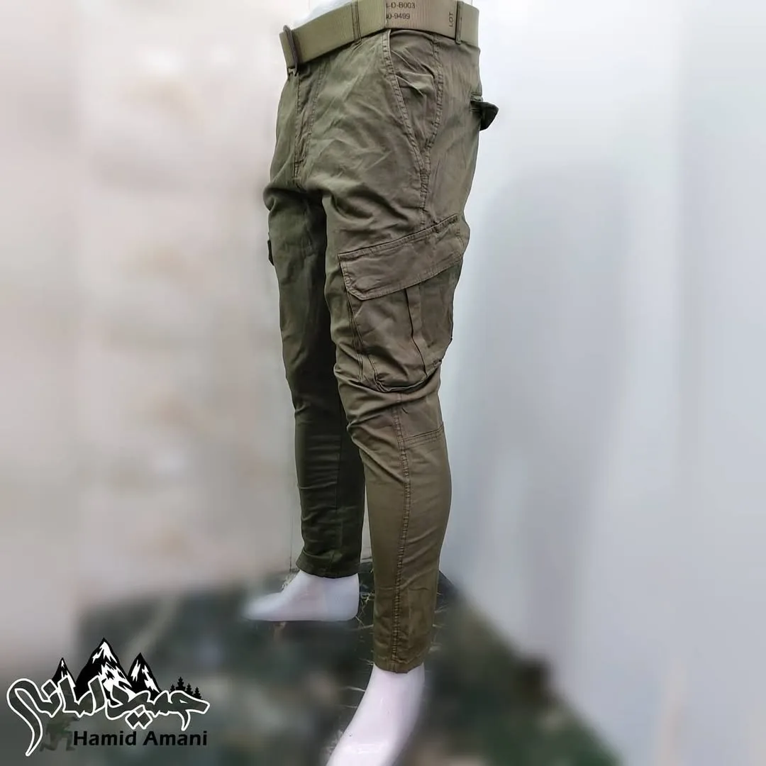 شلوار شش جیب کش، رنگ سبز زیتونی، جذب، دمپا بسته، جیب دار
