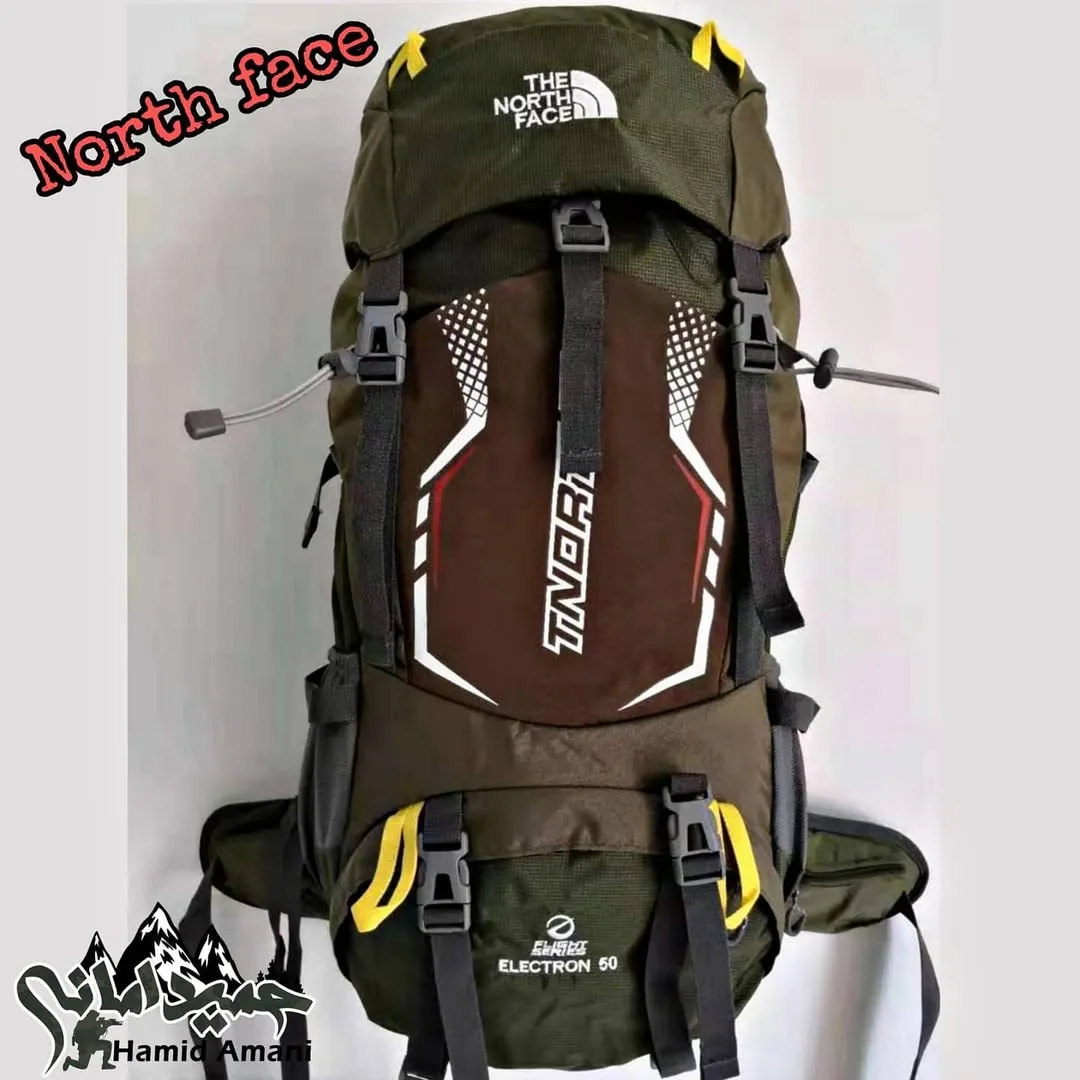 کوله کوهنوردی ۵۰ لیتری The North Face، رنگ سبز زیتونی، قهوه‌ای و زرد، کوله پشتی بزرگ