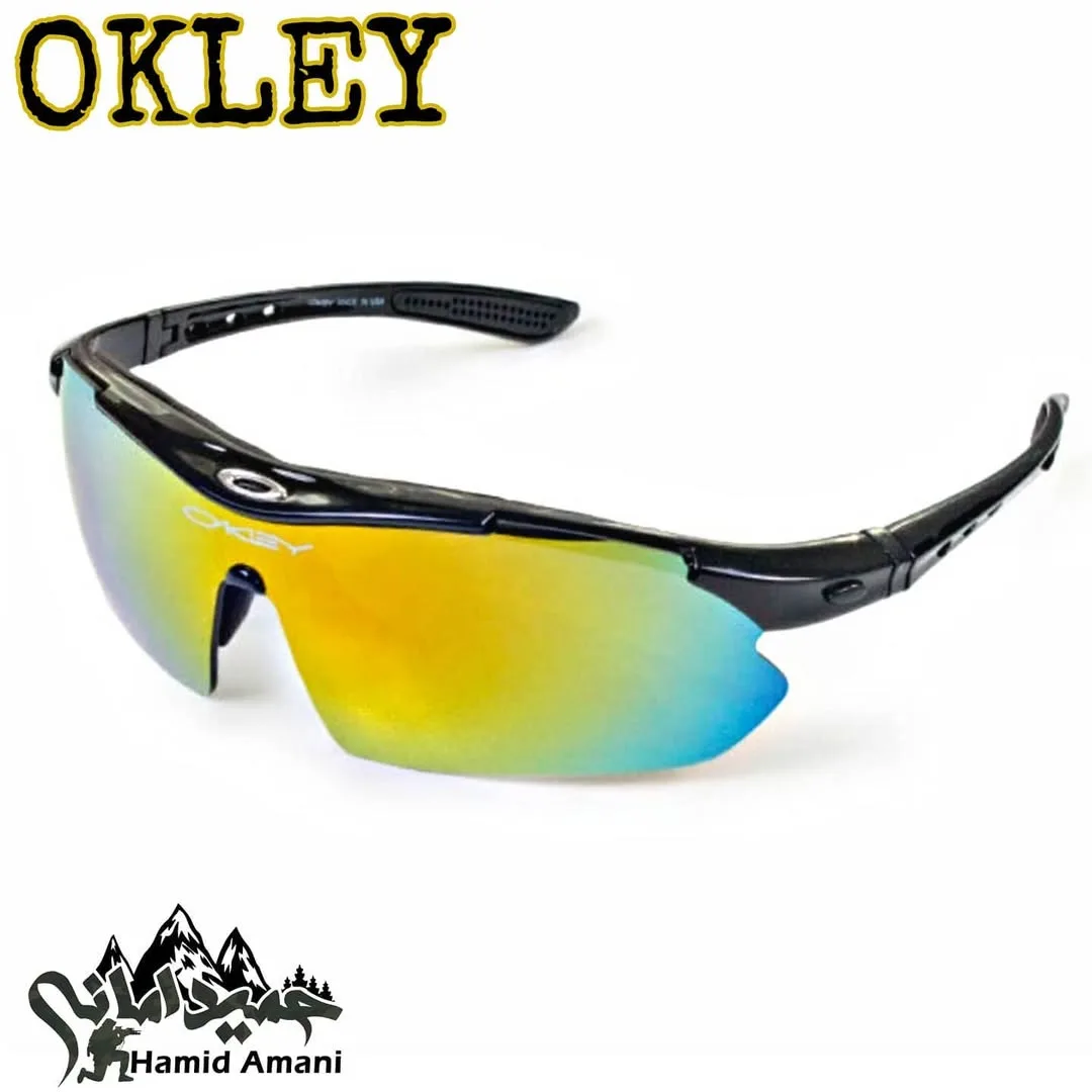 عینک کوهنوردی Oakley، رنگ مشکی، زرد و آبی، جنس پلاستیک و فلز، ورزشی، تک لنز