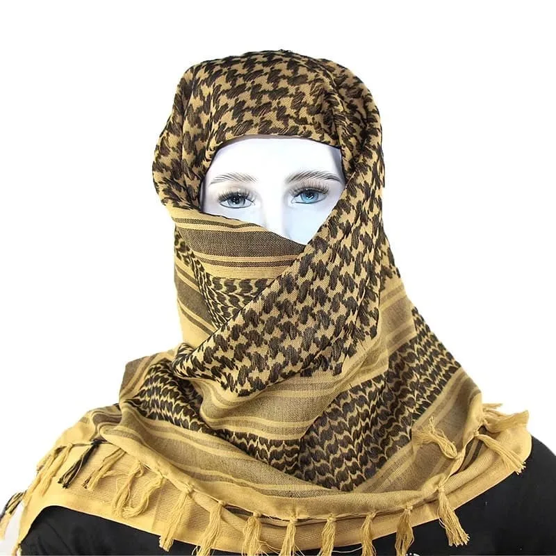 شال، رنگ قهوه‌ای و خردلی، جنس پنبه، طرح هندسی، مربعی، ریش‌دار