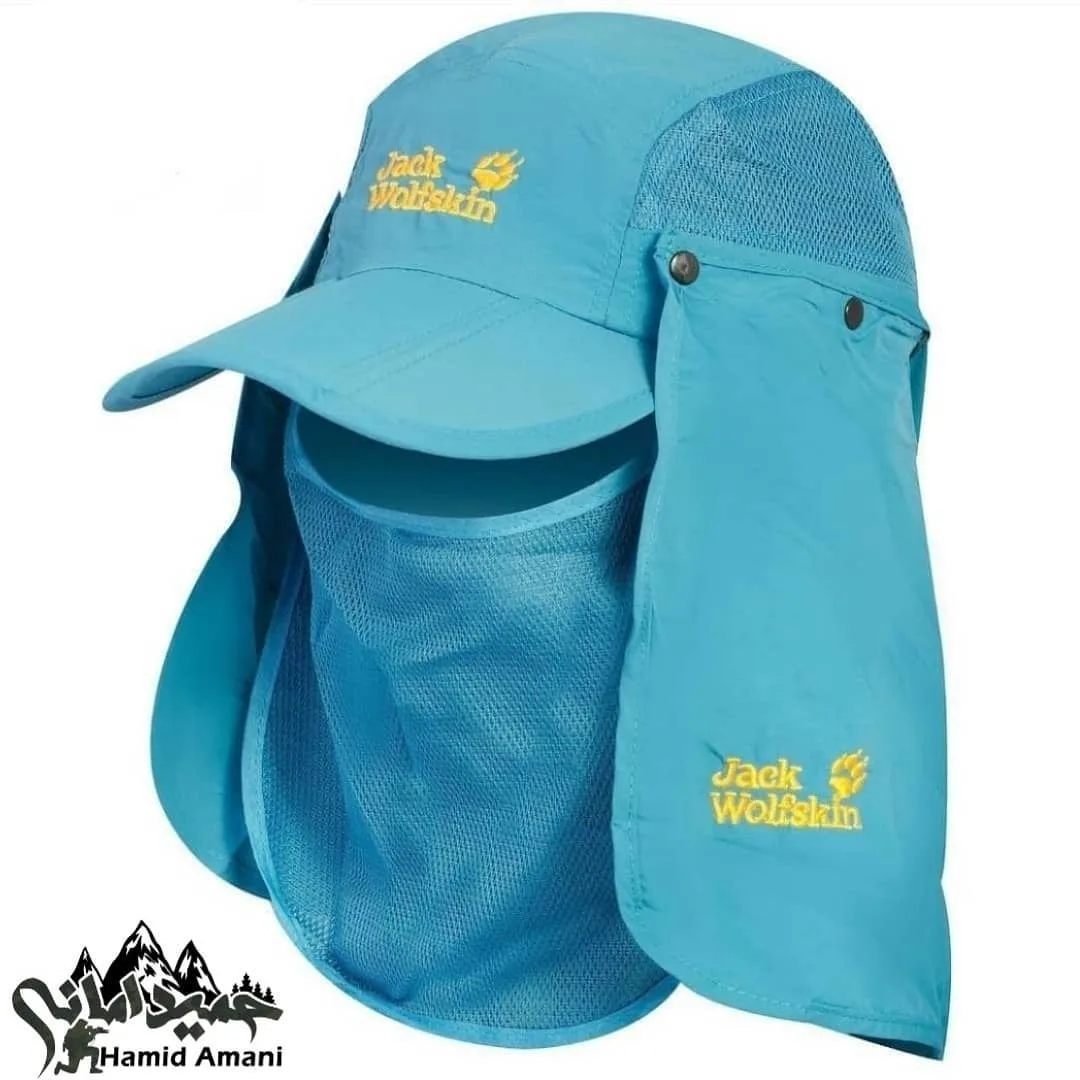 کلاه سه تیکه جک ولف Jack Wolfskin، رنگ آبی، لبه‌دار، دارای پوشش گردن