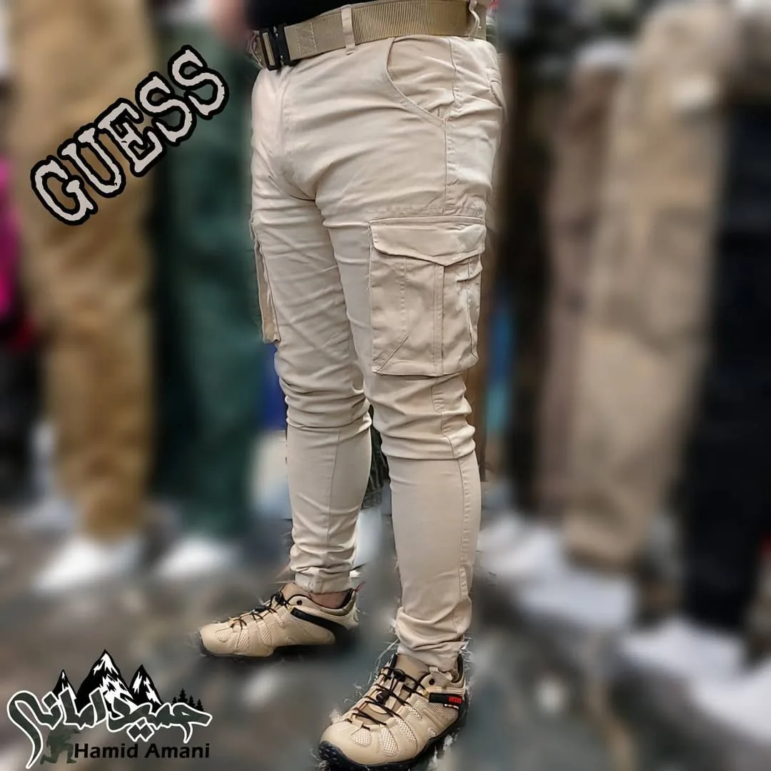 شلوار شش جیب کارگو، رنگ کرم، جنس کتان، جذب، جیب‌دار