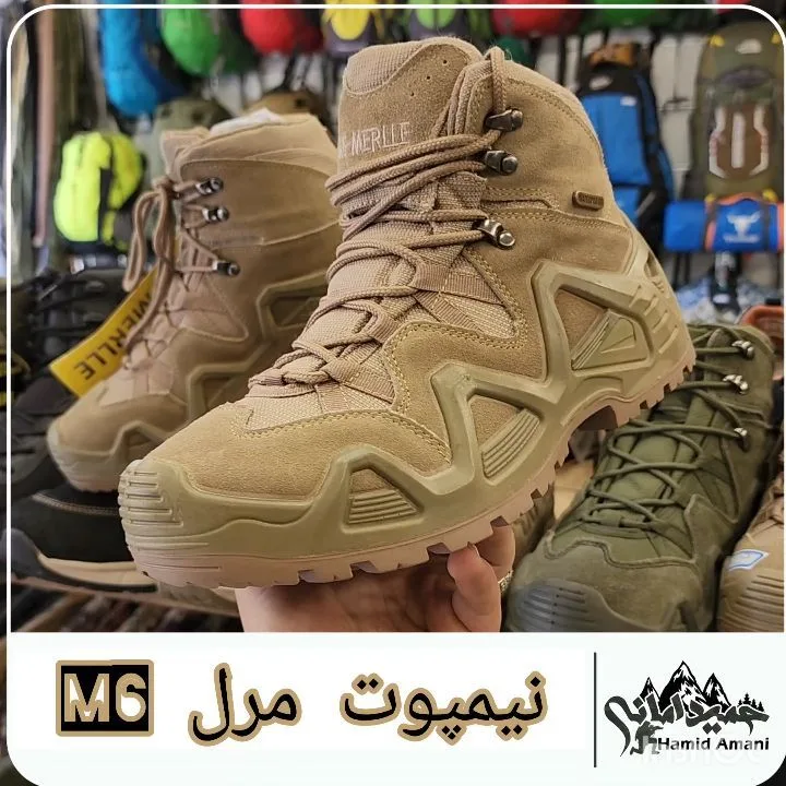 نیم بوت مرل، رنگ خاکی و زیتونی، جنس جیر، ساق بلند، بنددار