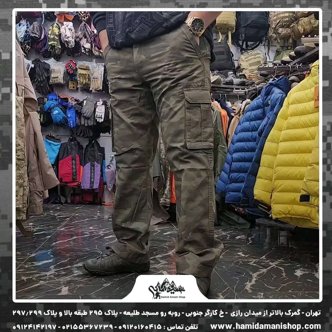 شلوار شش جیب چیریکی، رنگ سبز زیتونی، جنس کتان، راسته جیب‌دار