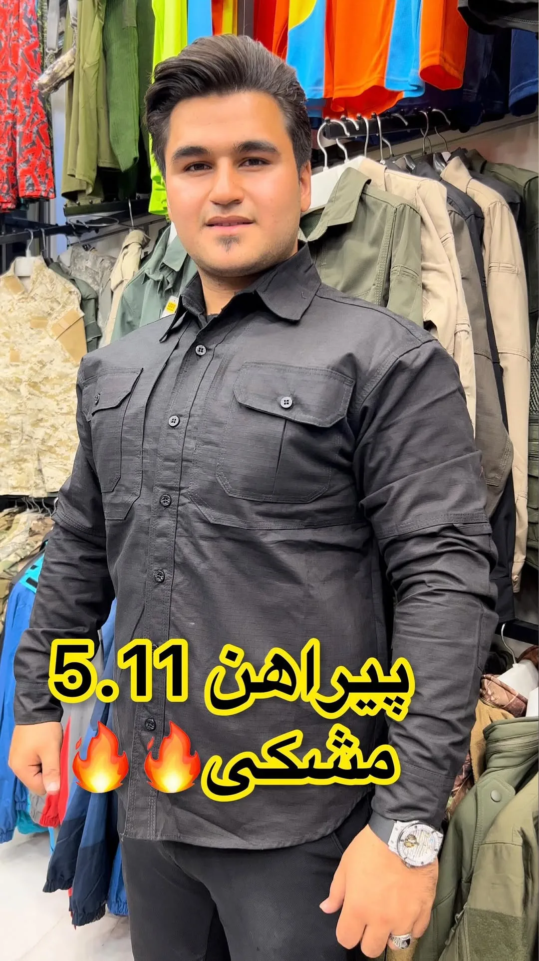 پیراهن تاکتیکال مشکی 5.11، آستین بلند، یقه دار