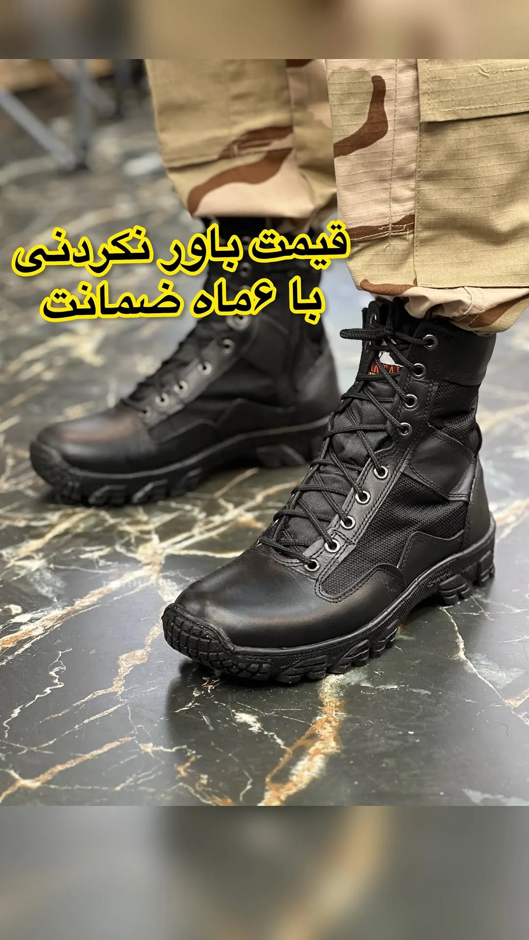 پوتین مردانه، رنگ مشکی، جنس چرم، بنددار، ساق بلند