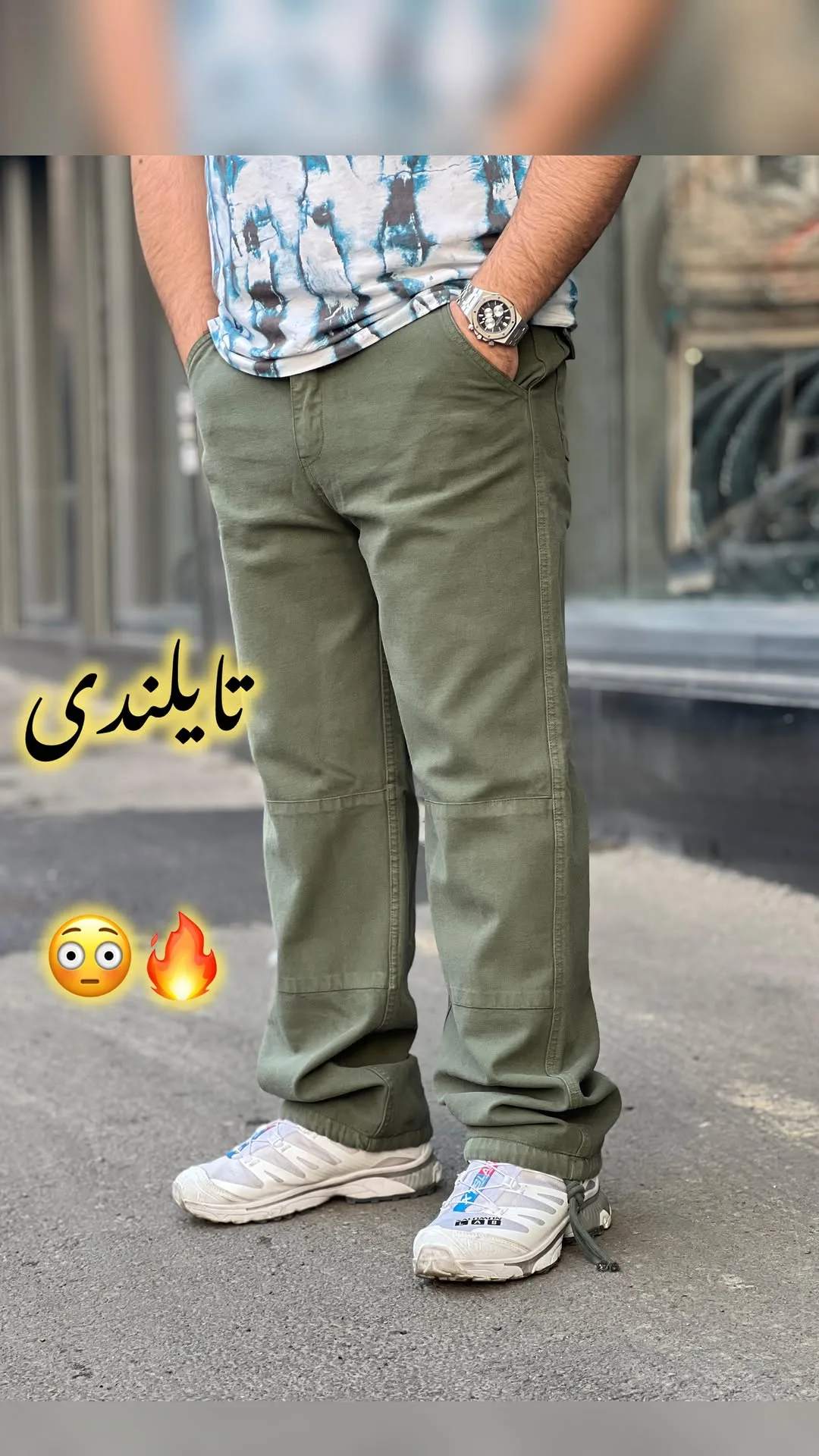 شلوار چهار جیب کتان تایلندی، رنگ سبز زیتونی، قد بلند، راحت