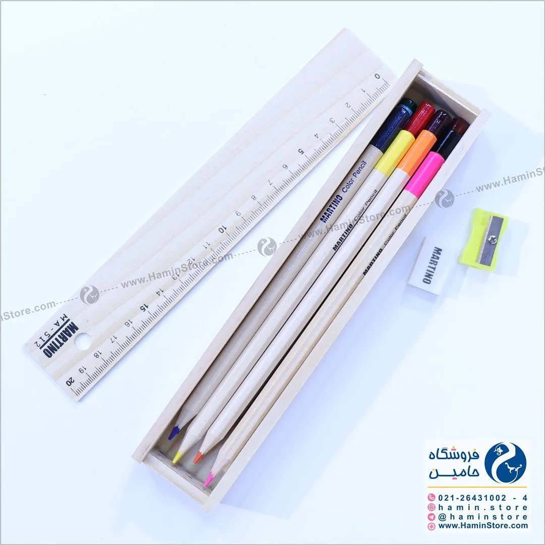 مداد رنگی ۱۲ رنگ مارتینو Martino، رنگ چوبی، جنس چوب، جامدادی جعبهای با خطکش