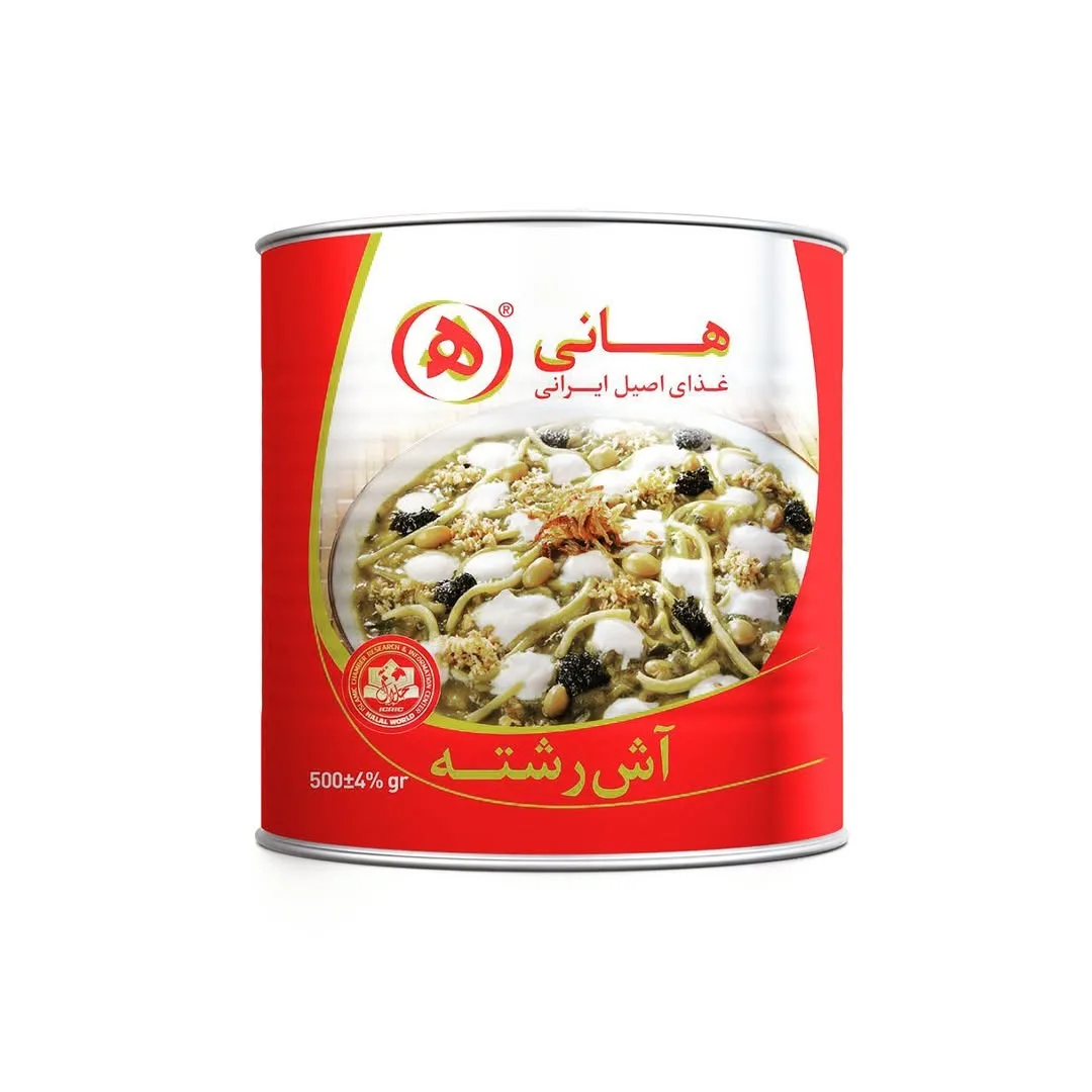 آش رشته هانی، رنگ قرمز و سفید، جنس فلز، قوطی کنسرو