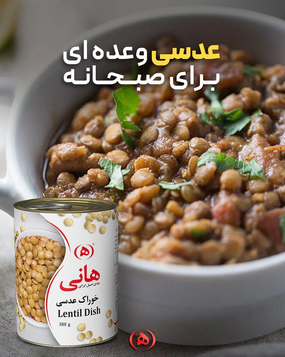 خوراک عدسی هانی، رنگ سفید و قرمز، جنس فلز، کنسرو استوانهای