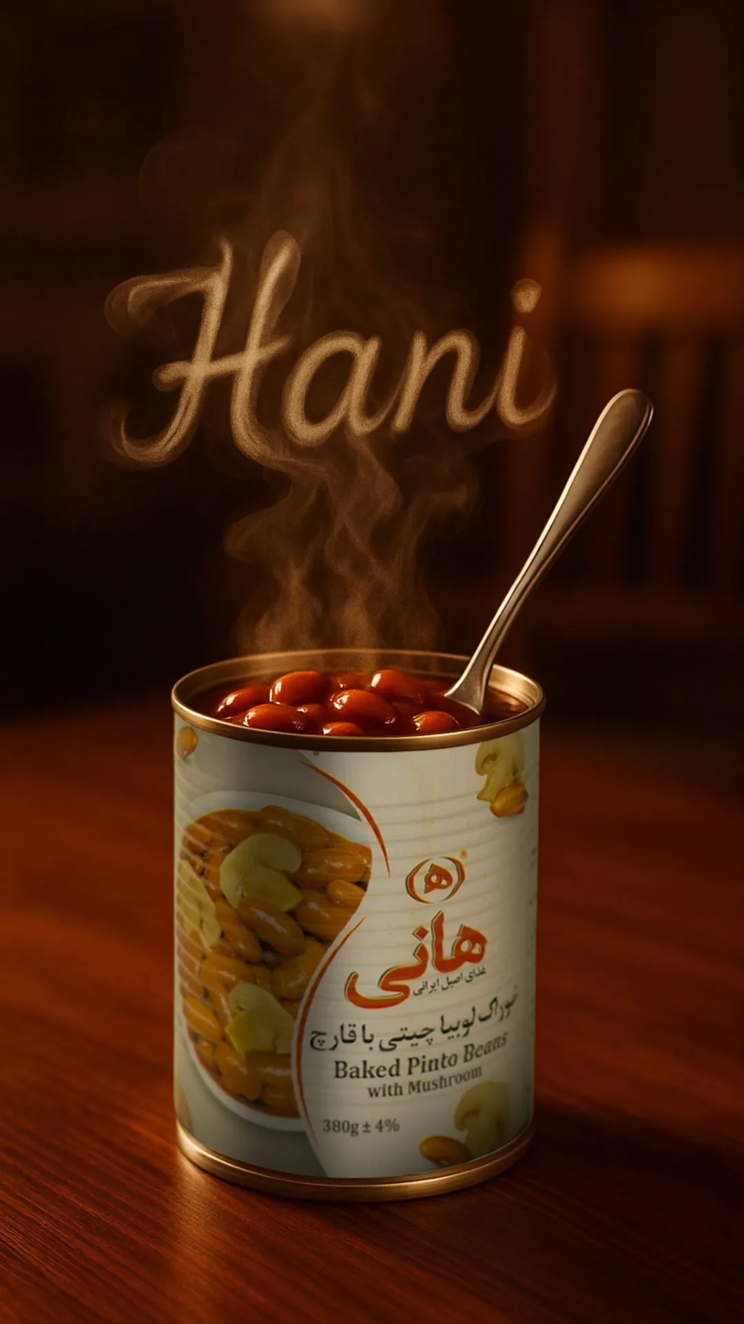 خوراک لوبیا چیتی با قارچ هانی، رنگ قرمز، سفید و قهوه‌ای، قوطی فلزی استوانه‌ای