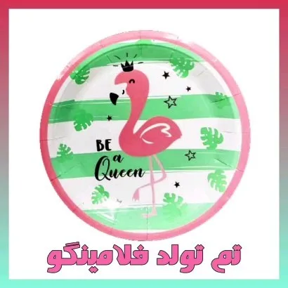 تم تولد فلامینگو، رنگ سفید، سبز و صورتی، جنس مقوا، طرح شخصیت کارتونی، بشقاب گرد یکبار مصرف