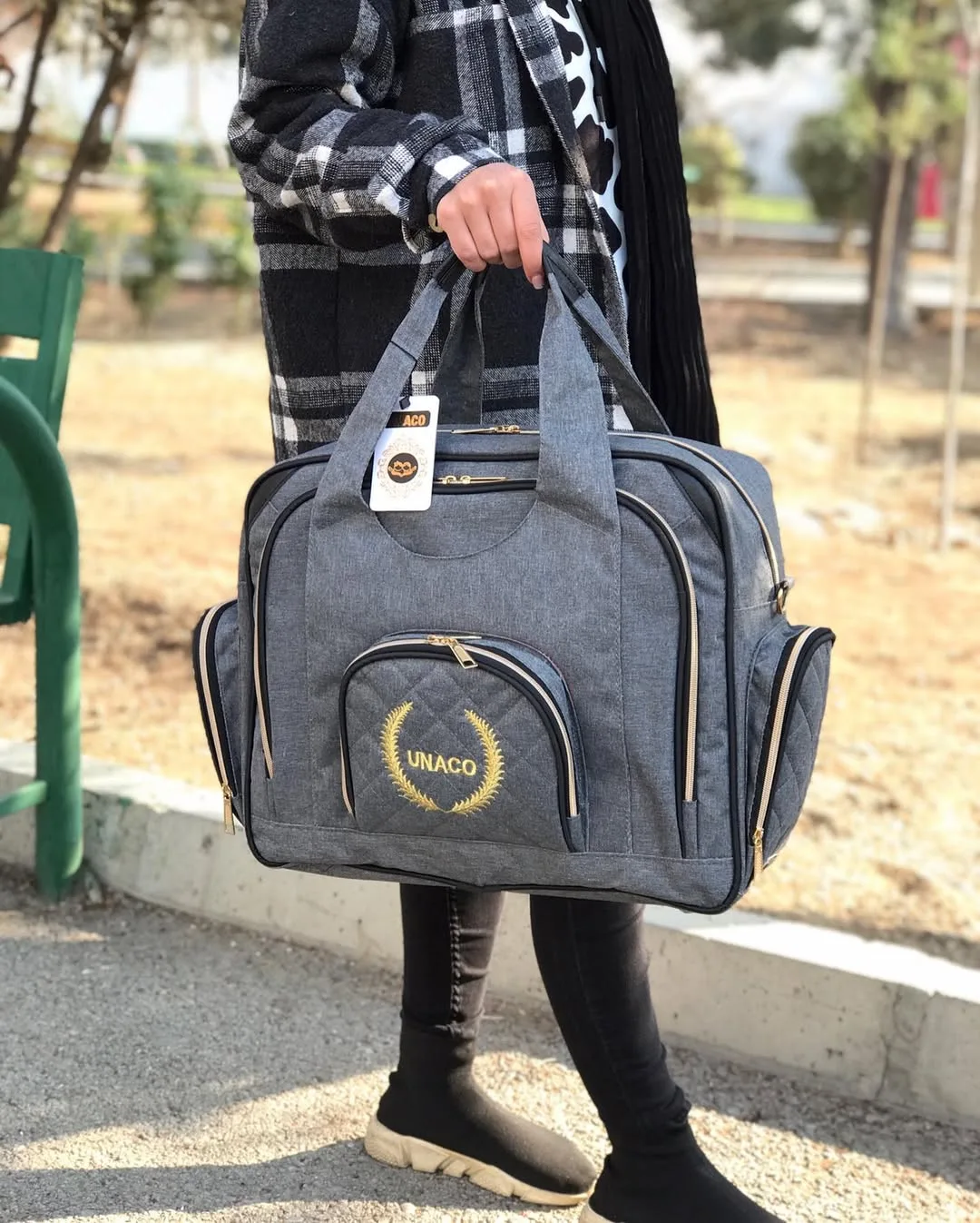 ساک لوازم نوزاد مدل آویسا یوناکو، رنگ خاکستری، جنس پارچه، دستی و دوشی بزرگ