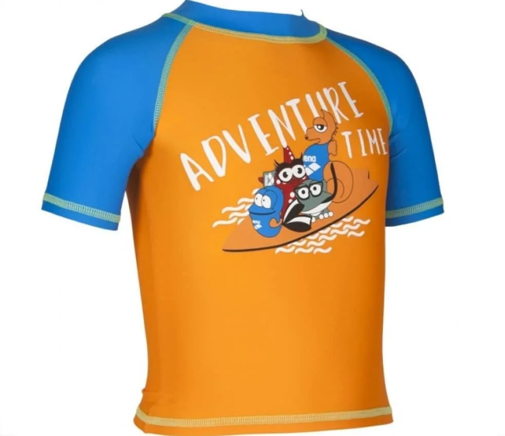 تیشرت شنا بچگانه طرح Adventure Time آرنا، رنگ نارنجی و آبی، طرح شخصیت کارتونی، آستین کوتاه، یقه بالا، جذب
