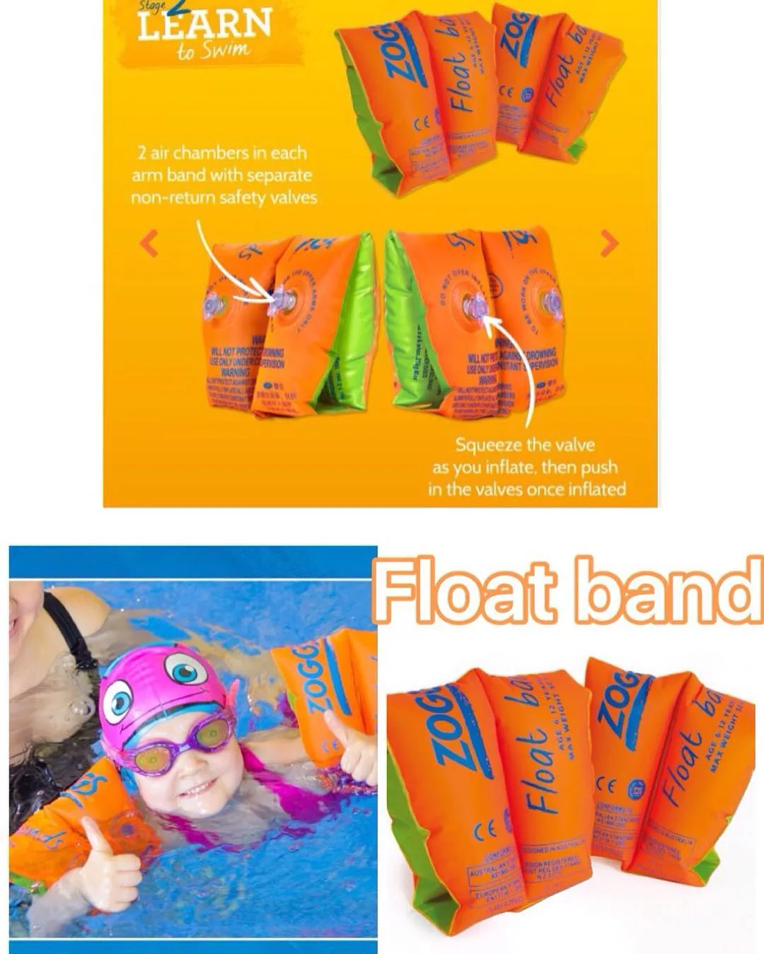 بازوبند شنا کودک Float Band زاگز، رنگ نارنجی و سبز، بادشدنی