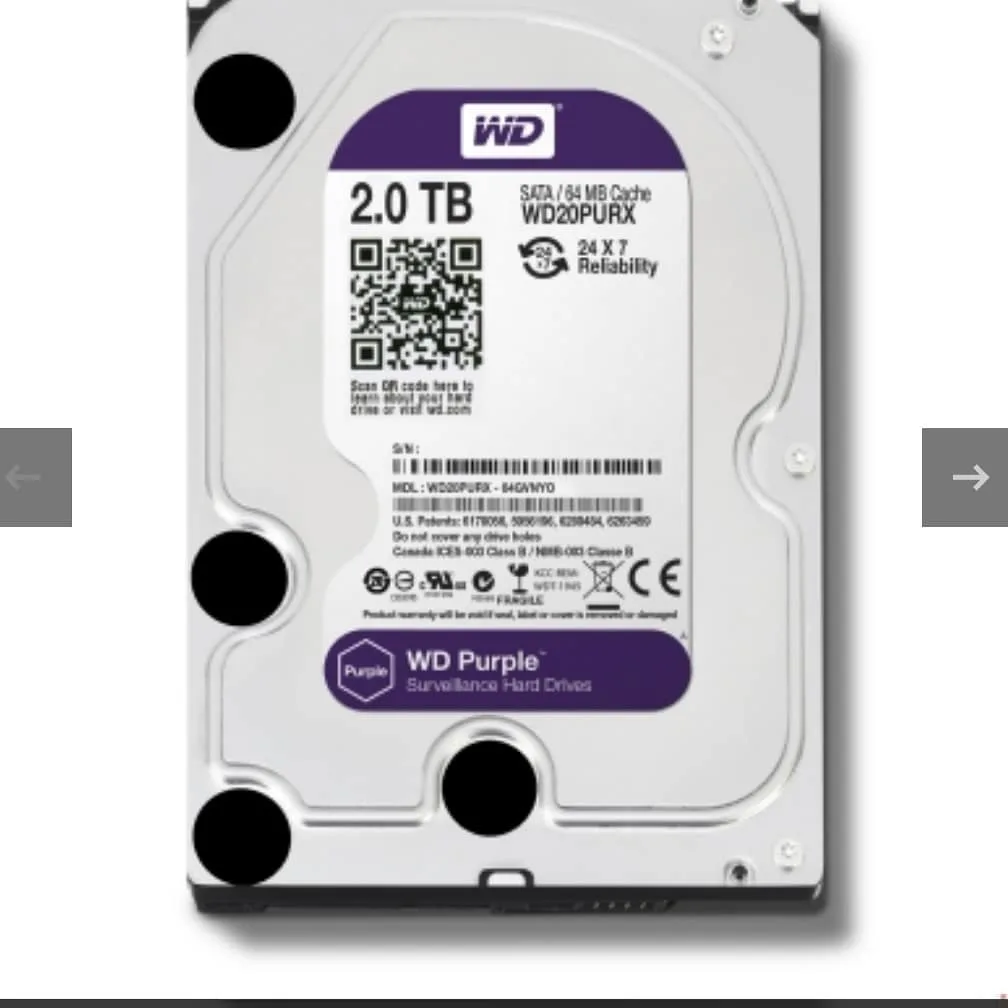 هارد اینترنال وسترن دیجیتال بنفش ۲ ترابایت WD20PURX Western Digital، رنگ نقره‌ای و سفید، جنس فلز و پلاستیک، مستطیلی